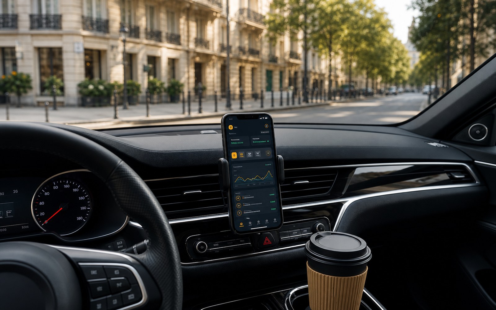 Tableau de bord d'un véhicule VTC avec l'application PilotVTC et un café