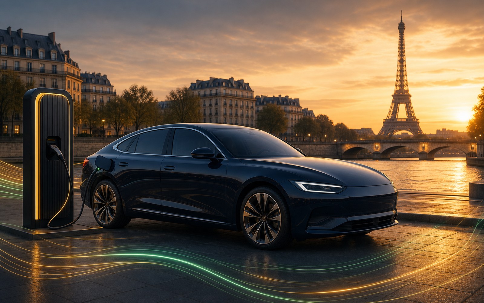 Berline VTC électrique en recharge à Paris