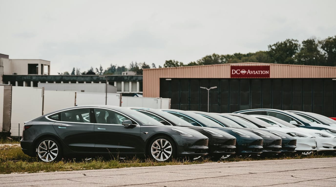 Flotte de véhicules Tesla Model 3 alignés, gérée par un gestionnaire de flotte VTC avec PilotVTC