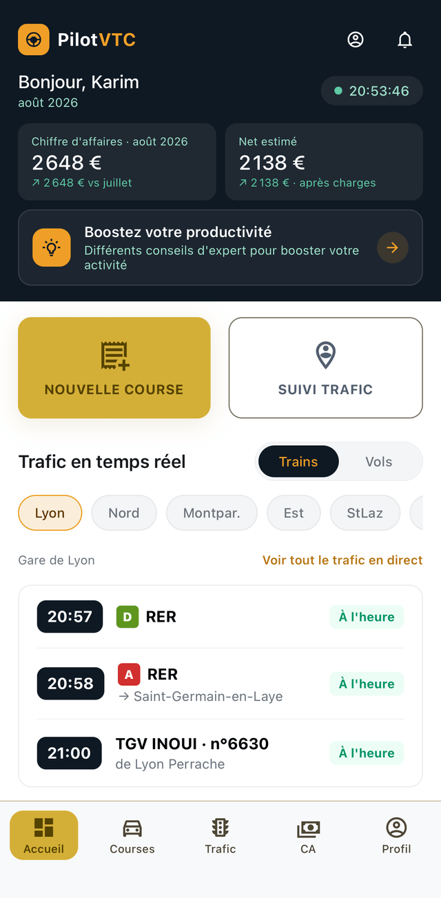 Écran d'accueil PilotVTC