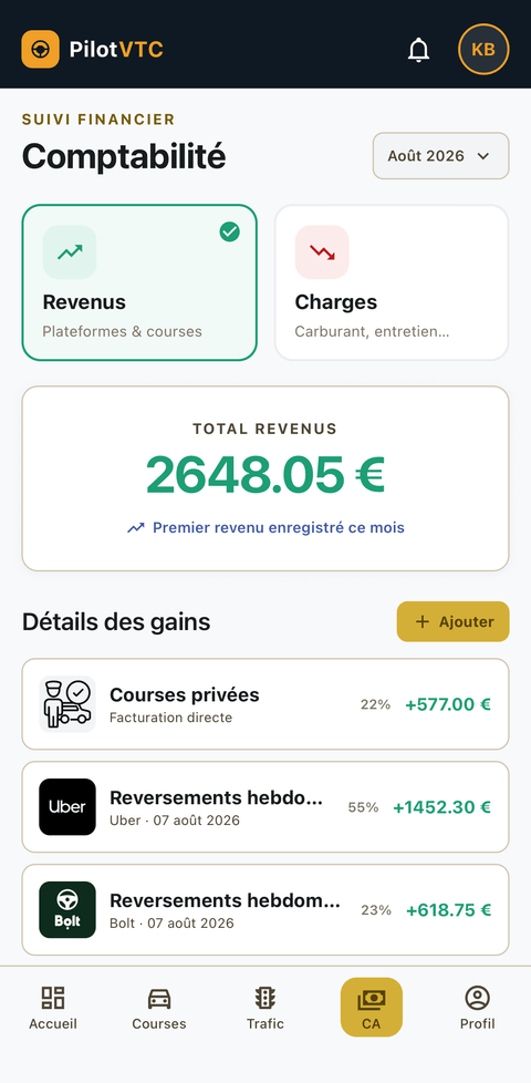 Comptabilité PilotVTC — revenus et charges (2/3)