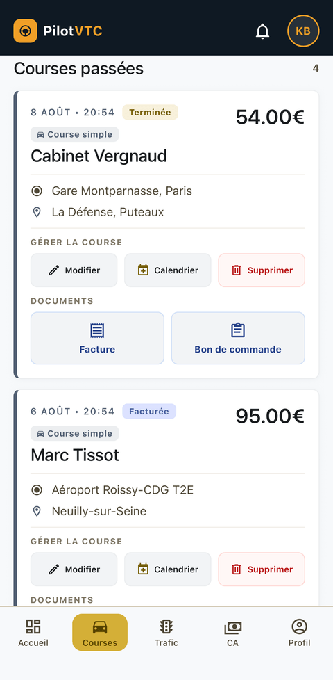 Courses passées et documents dans PilotVTC (2/2)