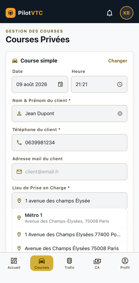 Création d'une course dans PilotVTC (1/2)