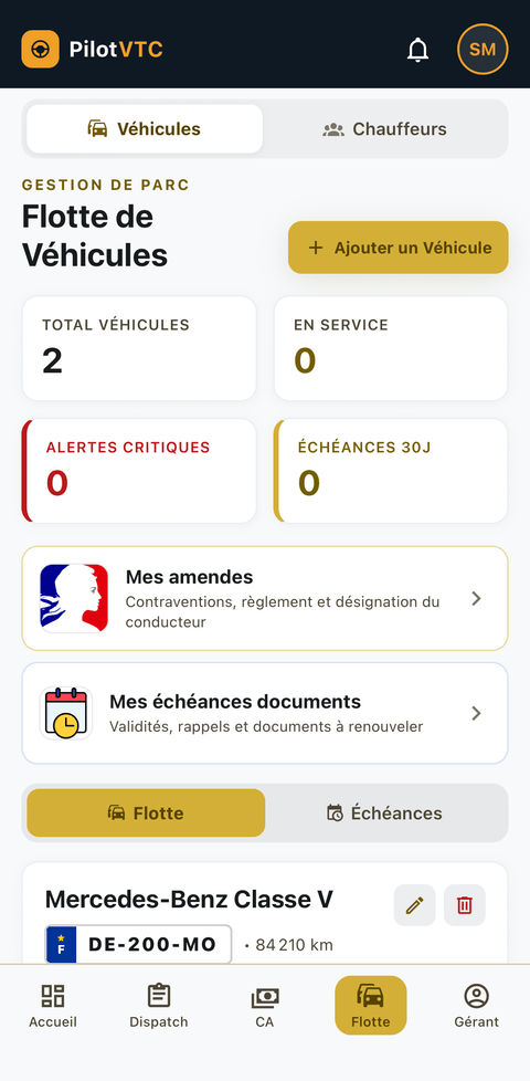 Gestion de flotte PilotVTC — véhicules et chauffeurs (1/3)