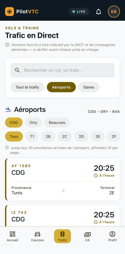 Trafic en direct PilotVTC — arrivées de vols (3/3)